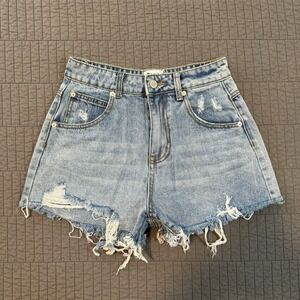 Princess Polly Denim Shorts Women 4 Blue Distressed Raw Hem‎ Casual Summer Jorts